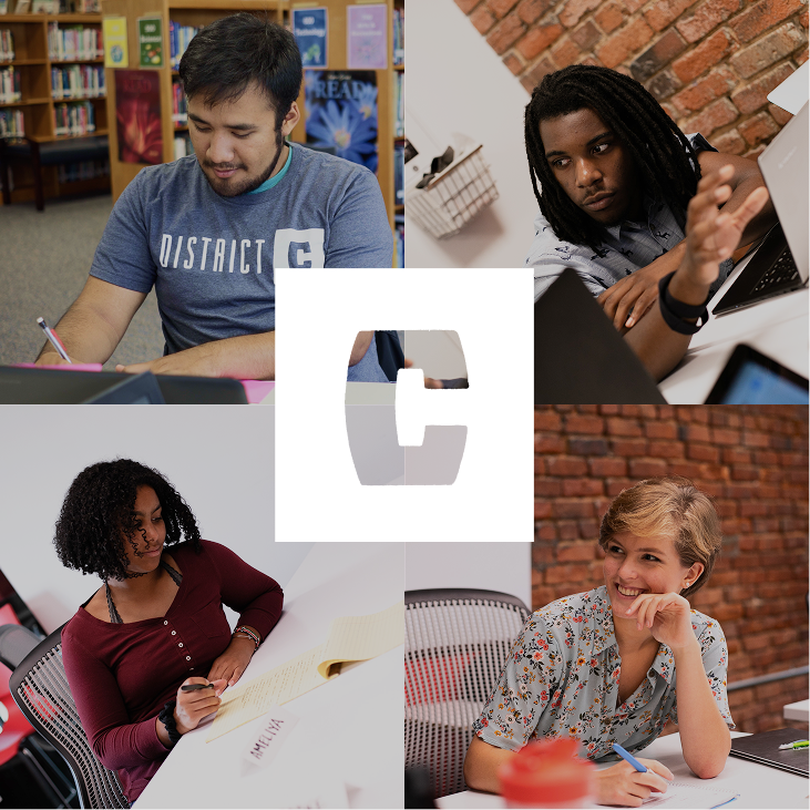 A collage of four students and the District C logo.